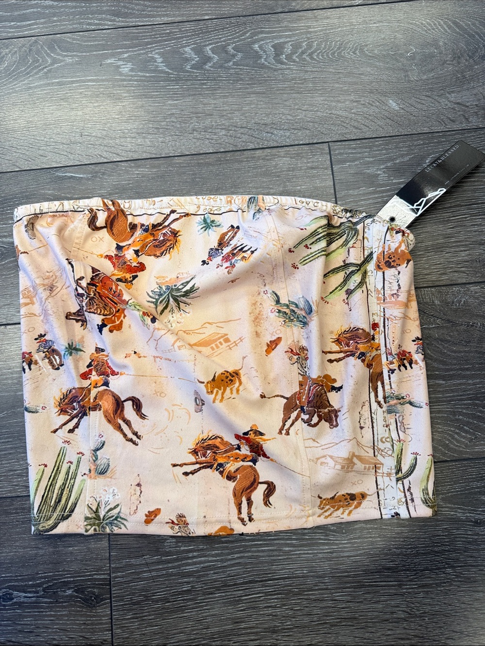 Lucky & Blessed Cowboy Print Strapless Mini Skirt in Cream and Brown